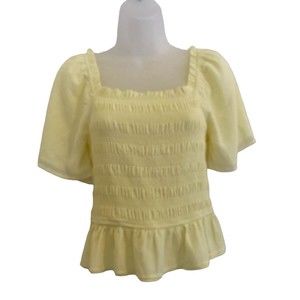 Heatherly Gale Yellow Smocked Cropped Blouse Short Sleeve Womens Size Small NWOT